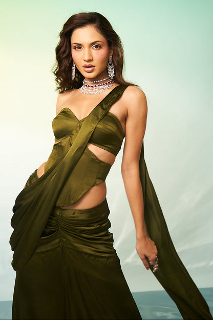Olive Satin Bustier Saree