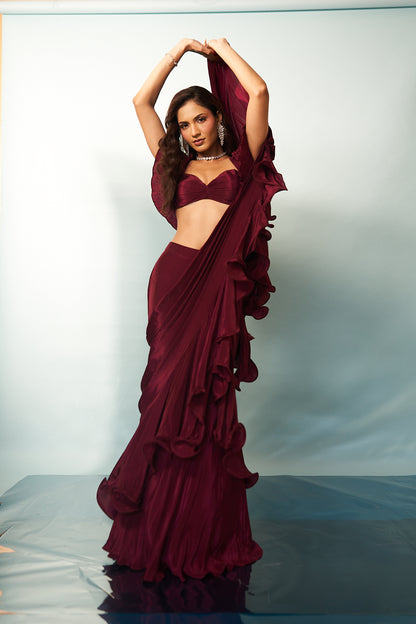 Wine Ruffle Saree with Statement Sleeves