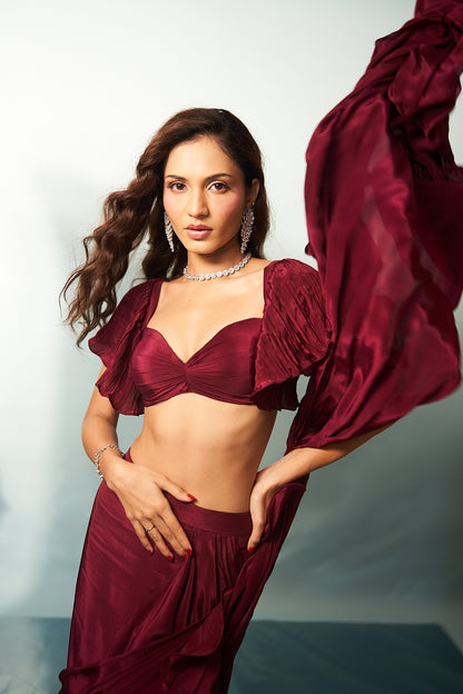 Wine Ruffle Saree with Statement Sleeves