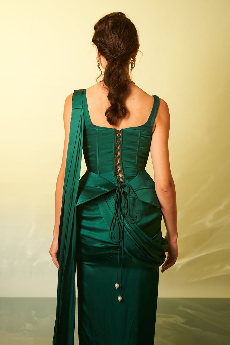 Emerald Green Corset Drape Saree