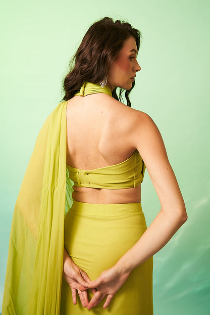 Parrot Green Halter Drape Saree