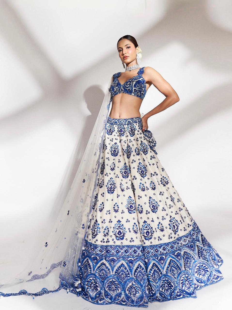 Royal Azure: Blue and White Embroidered Lehenga with Scallop Dupatta
