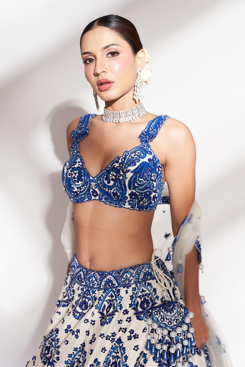 Royal Azure: Blue and White Embroidered Lehenga with Scallop Dupatta