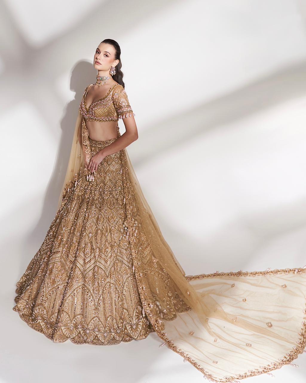 Golden Radiance: Embroidered Lehenga with Sequins and Beaded Detailing