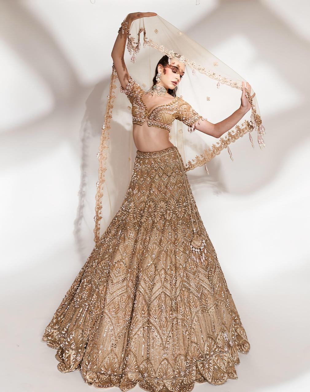 Golden Radiance: Embroidered Lehenga with Sequins and Beaded Detailing