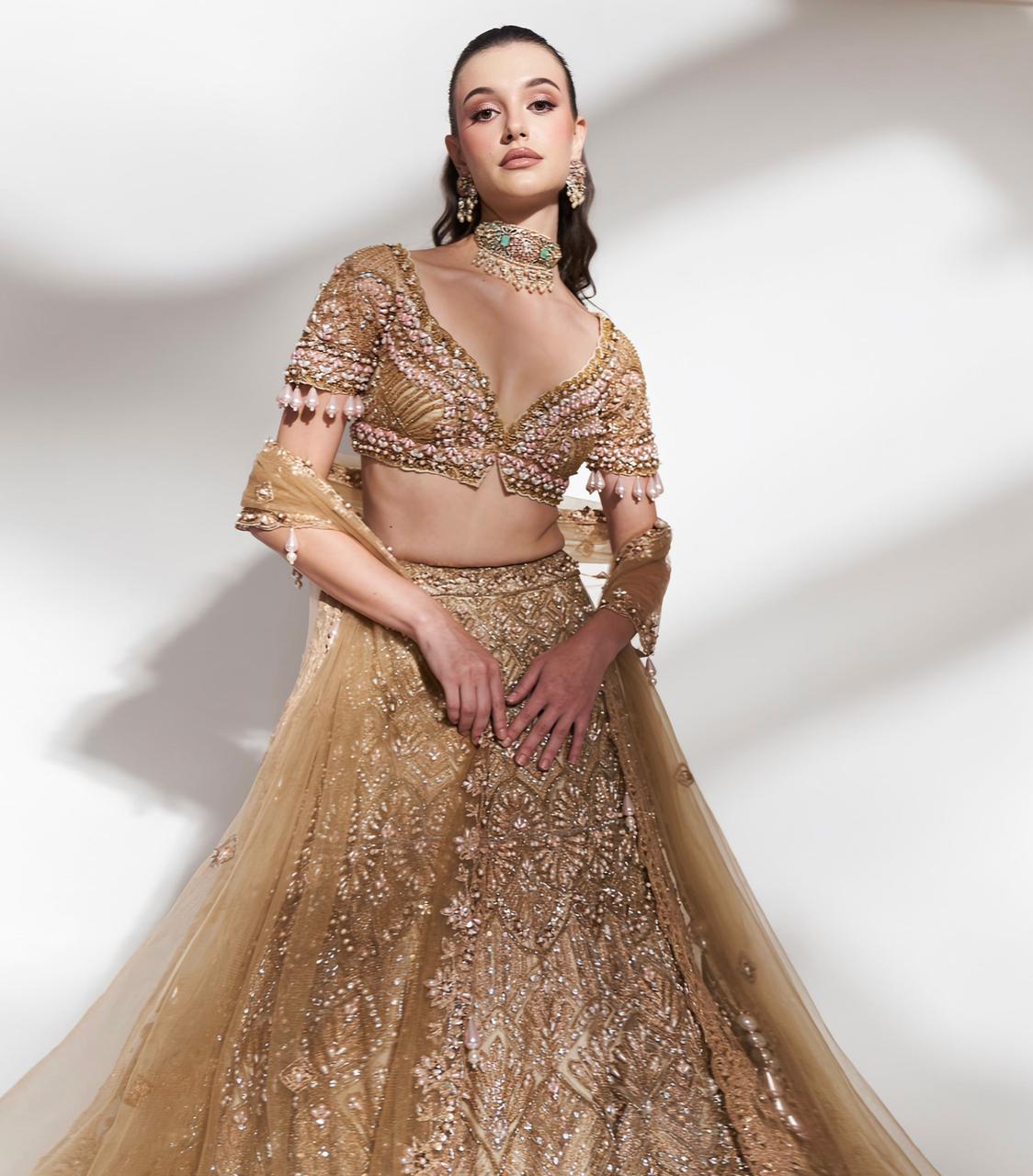 Golden Radiance: Embroidered Lehenga with Sequins and Beaded Detailing