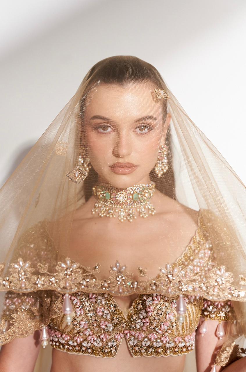 Golden Radiance: Embroidered Lehenga with Sequins and Beaded Detailing