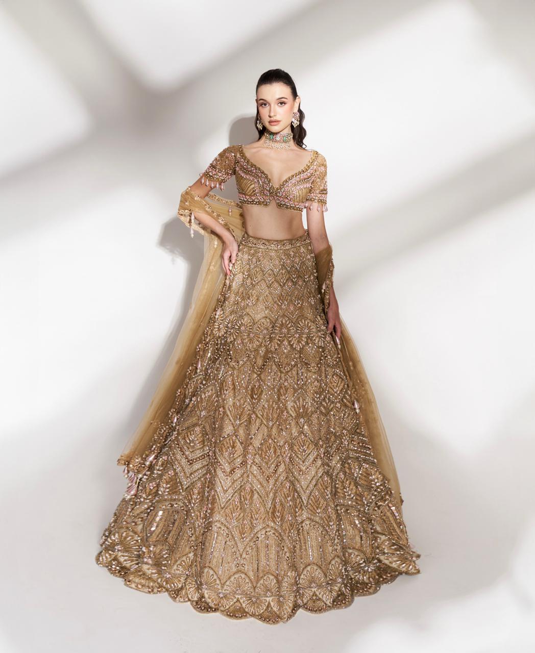 Golden Radiance: Embroidered Lehenga with Sequins and Beaded Detailing