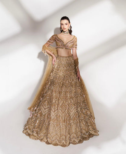 Golden Radiance: Embroidered Lehenga with Sequins and Beaded Detailing