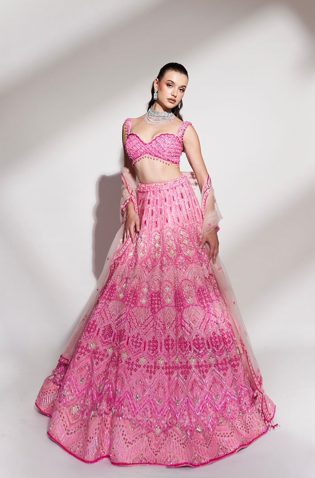 Rosé Radiance: Pink Embroidered Lehenga with Sequins and Beaded Accents