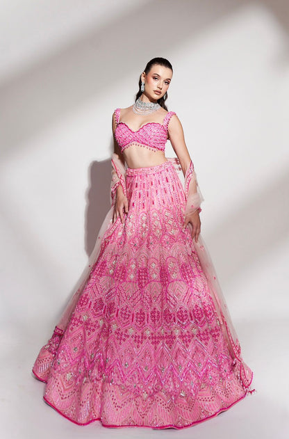 Rosé Radiance: Pink Embroidered Lehenga with Sequins and Beaded Accents
