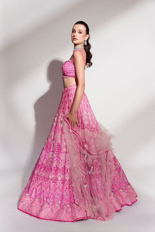 Rosé Radiance: Pink Embroidered Lehenga with Sequins and Beaded Accents