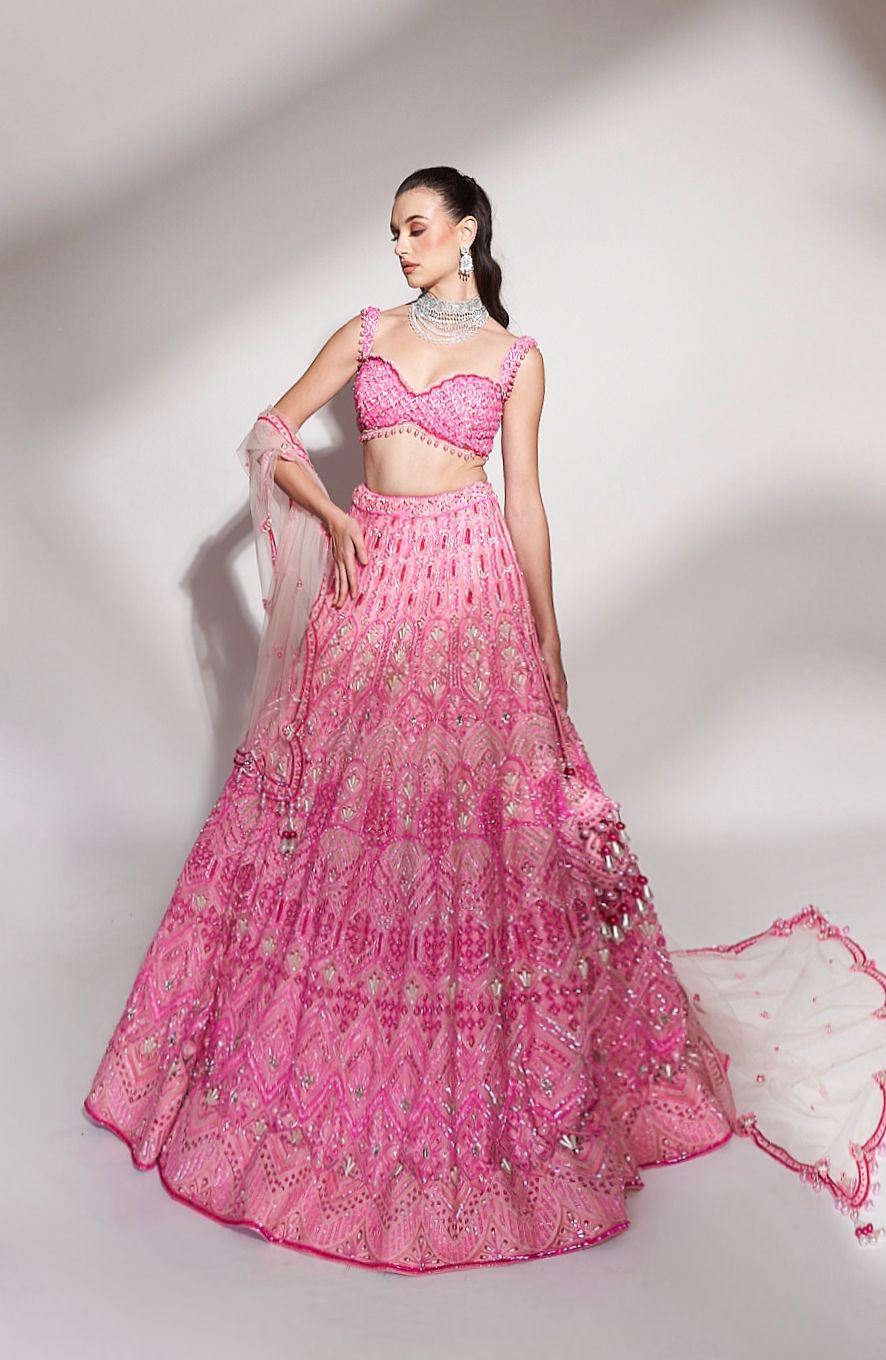 Rosé Radiance: Pink Embroidered Lehenga with Sequins and Beaded Accents