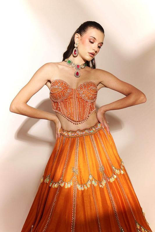 Tangerine Glow: Orange Embroidered Lehenga with Sequins and Cutwork