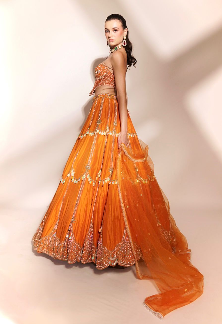 Tangerine Glow: Orange Embroidered Lehenga with Sequins and Cutwork