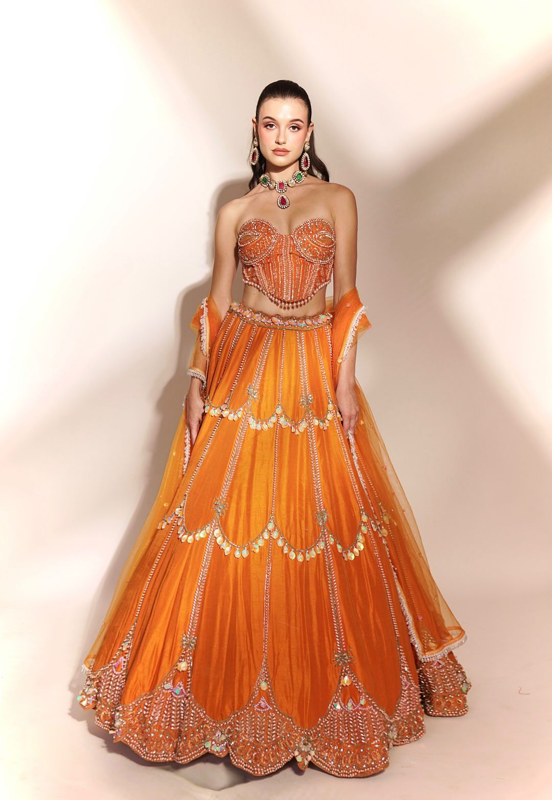 Tangerine Glow: Orange Embroidered Lehenga with Sequins and Cutwork