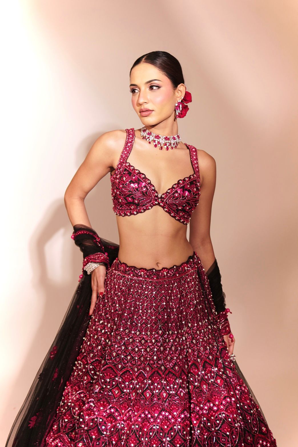Crimson Noir: Deep Red Embellished Lehenga with Black Accents