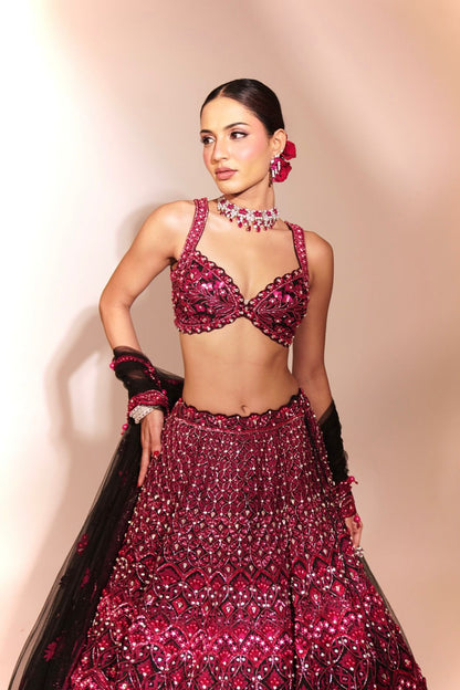 Crimson Noir: Deep Red Embellished Lehenga with Black Accents
