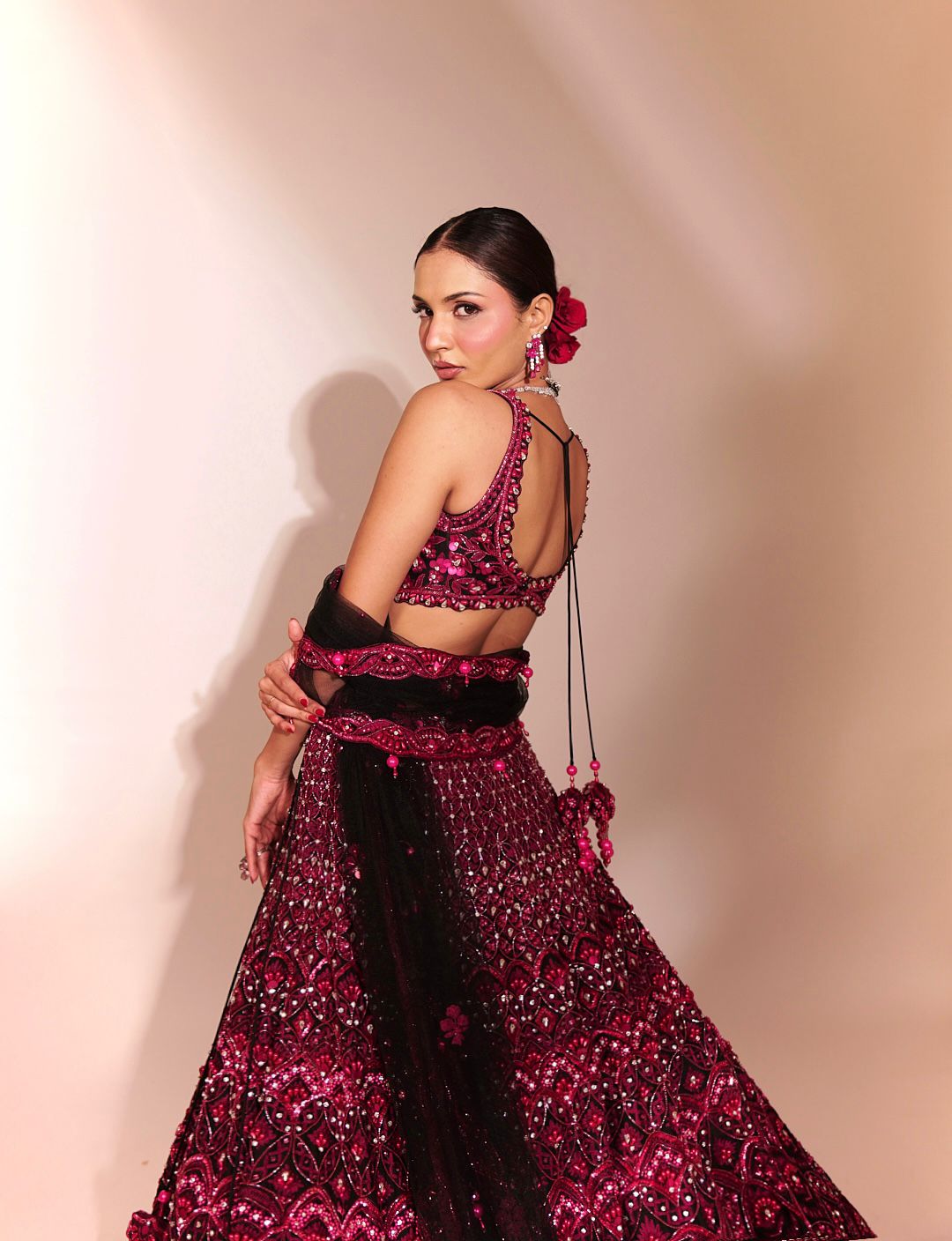 Crimson Noir: Deep Red Embellished Lehenga with Black Accents