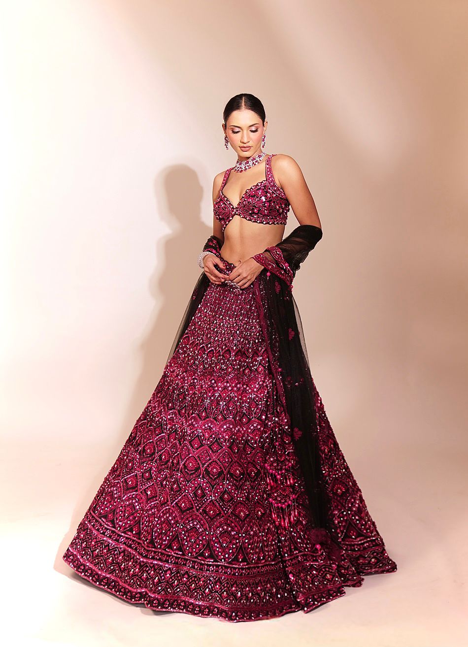 Crimson Noir: Deep Red Embellished Lehenga with Black Accents