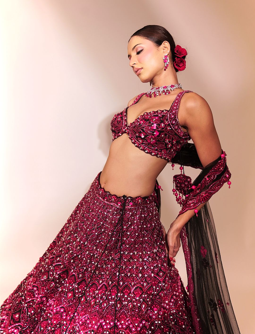 Crimson Noir: Deep Red Embellished Lehenga with Black Accents
