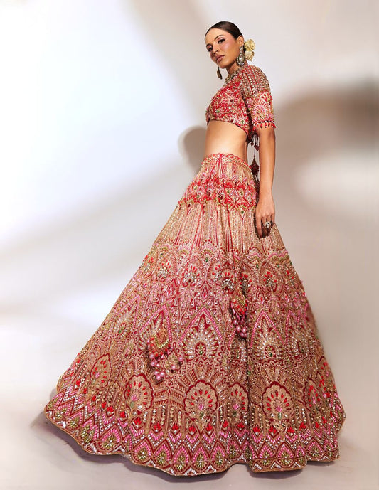 Crimson Majesty: Red Heavily Embroidered Lehenga with Gold and Sequin Detailing
