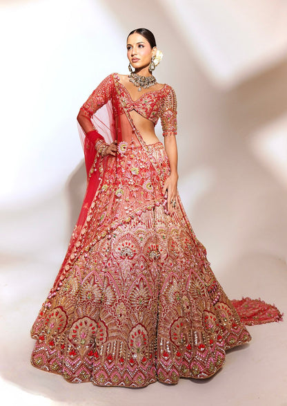 Crimson Majesty: Red Heavily Embroidered Lehenga with Gold and Sequin Detailing