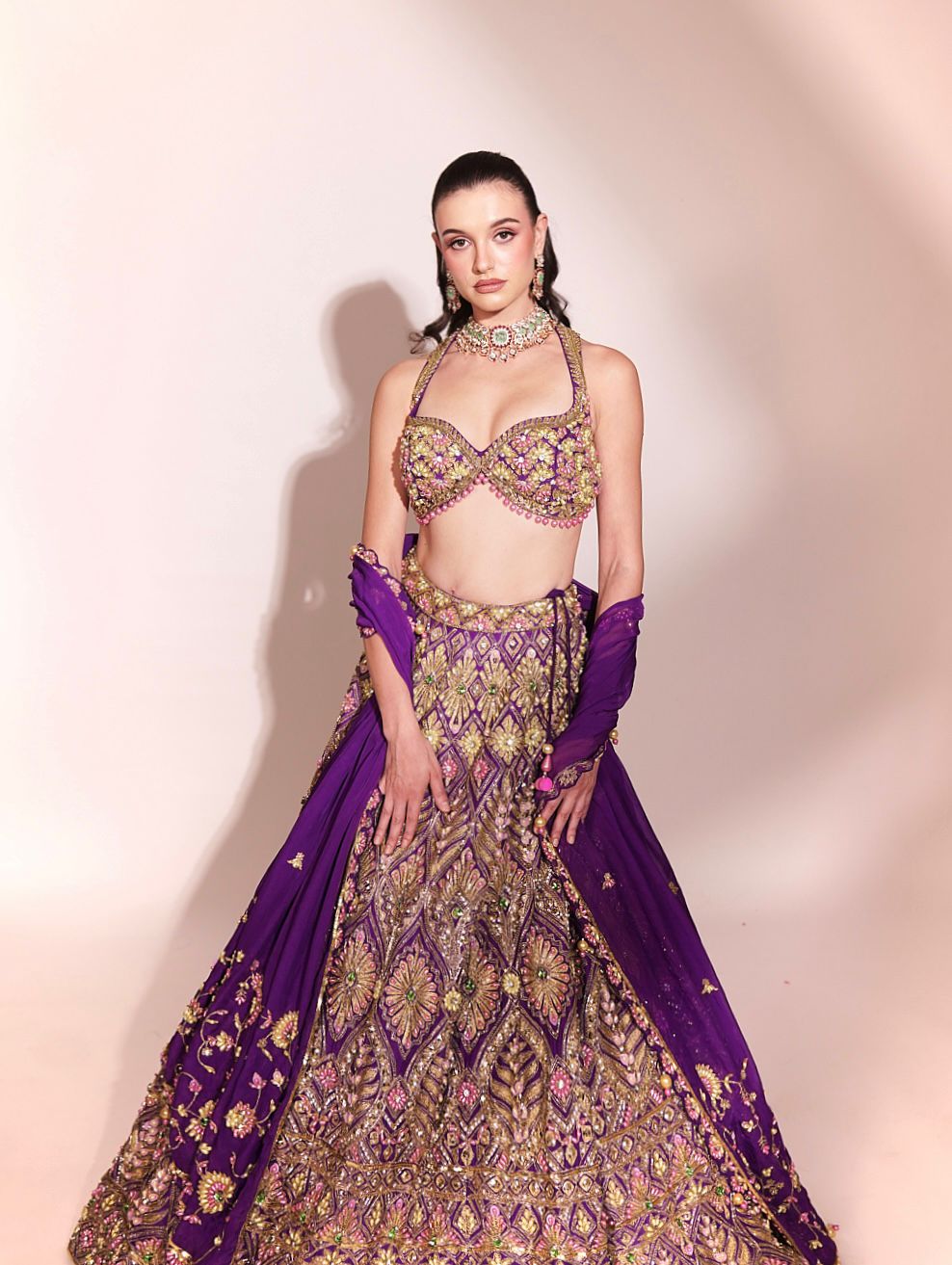 Regal Amethyst: Purple Embellished Lehenga with Gold and Floral Motifs