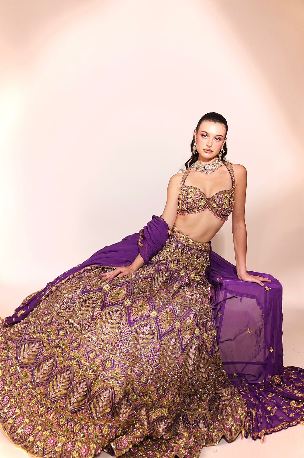 Regal Amethyst: Purple Embellished Lehenga with Gold and Floral Motifs