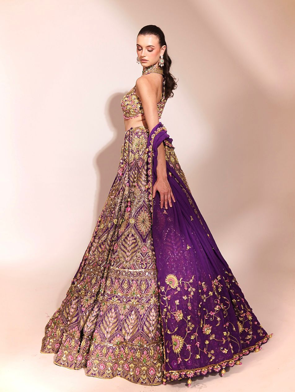 Regal Amethyst: Purple Embellished Lehenga with Gold and Floral Motifs