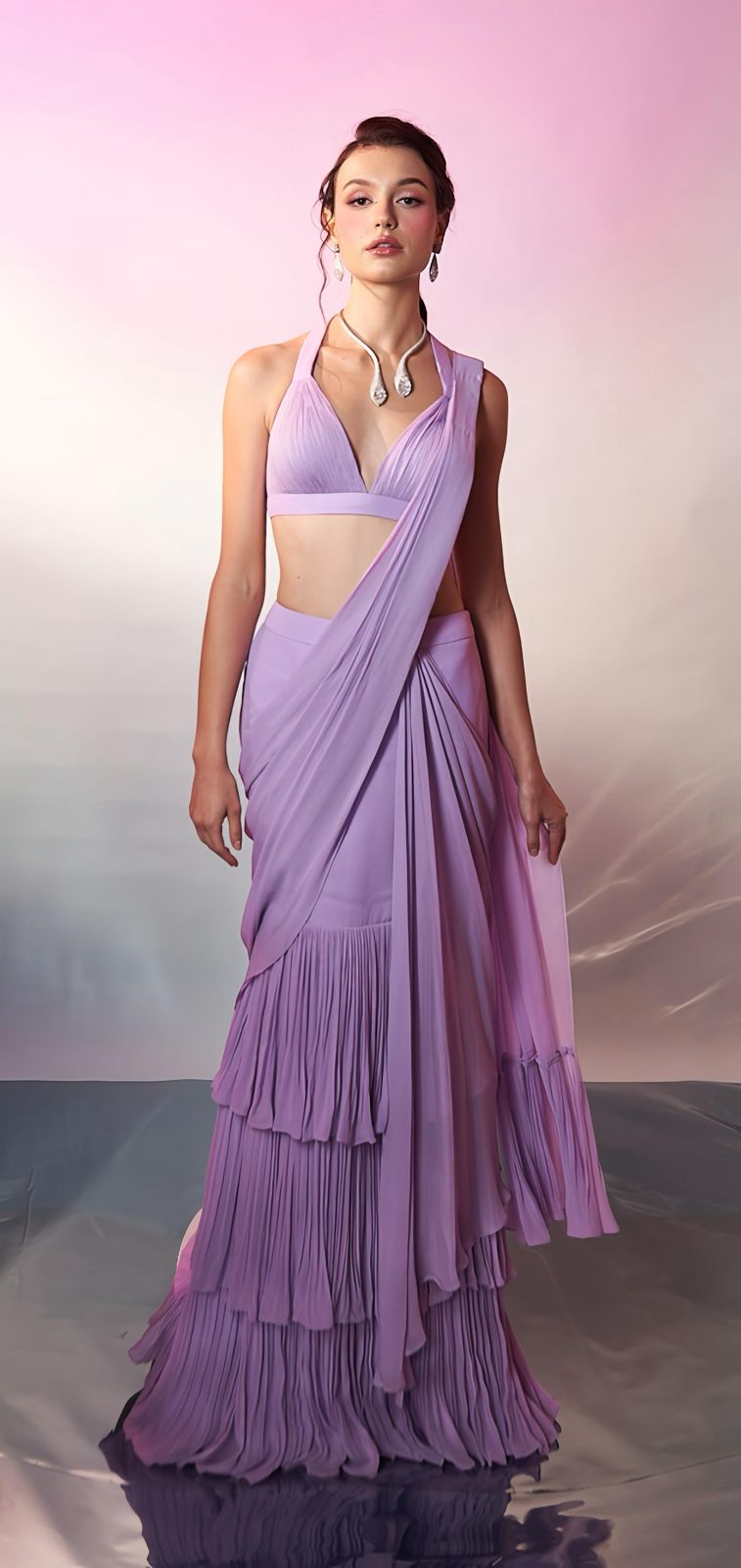 Lavender Layered Pleated Saree with Halter Blouse