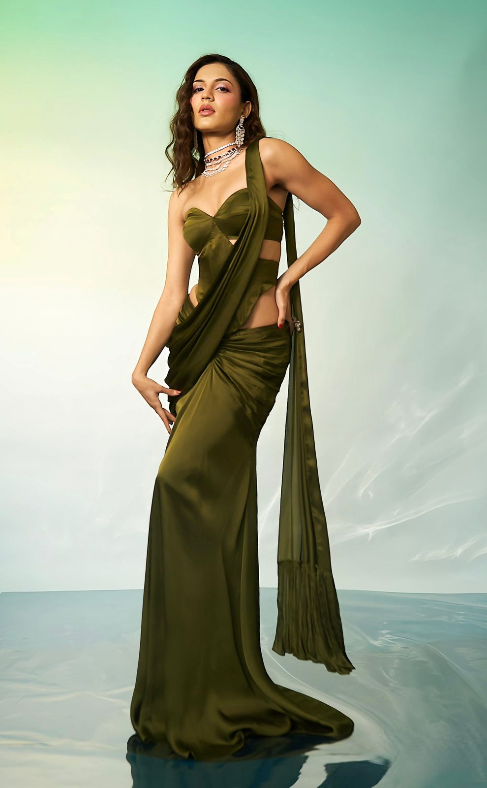 Olive Satin Bustier Saree