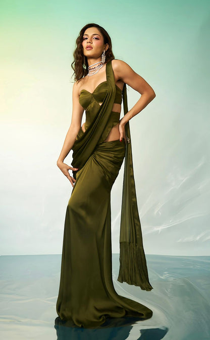 Olive Satin Bustier Saree