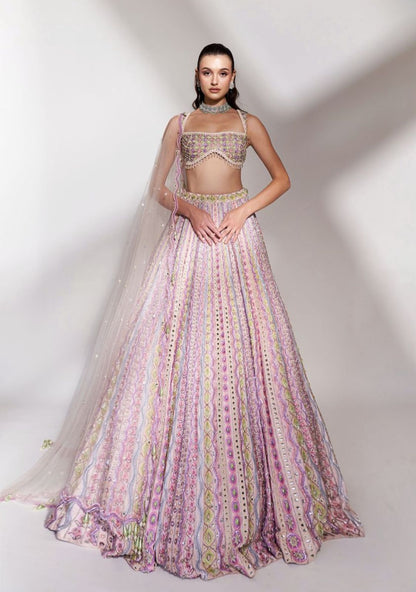 Pastel Symphony: Multi-Hued Embroidered Lehenga with Sequins and Mirror Accents