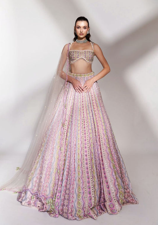 Pastel Symphony: Multi-Hued Embroidered Lehenga with Sequins and Mirror Accents