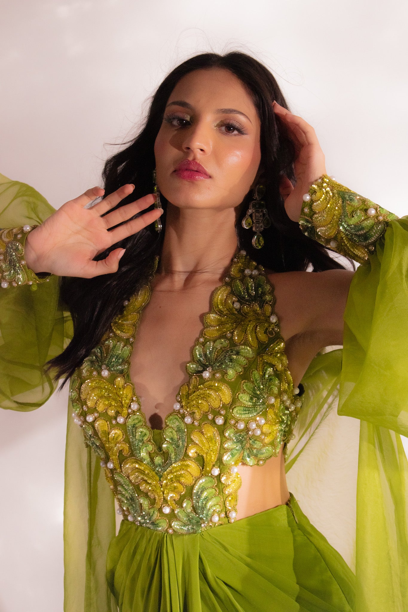 Enchanting Olive Elegance: Pearl-Embroidered Dress with Organza Jacket Anshika Tak Official Enchanting Olive Elegance: Pearl-Embroidered Dress with Organza Jacket Anshika Tak Official
