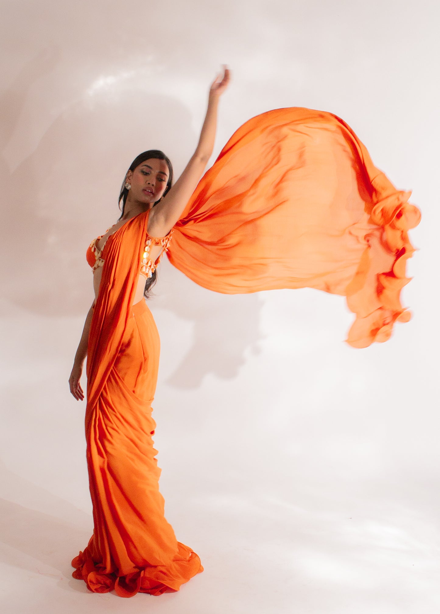 Embellished Orange Blouse with Chiffon Ruffle Saree – Pasha India