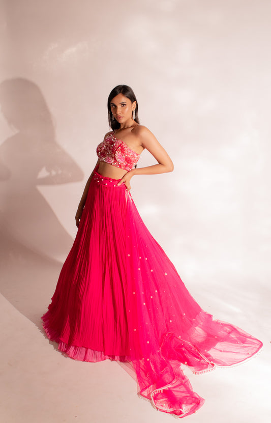 Pink Passion Elegance: Embroidered Blouse, Belted Lehenga, and Net Dupatta