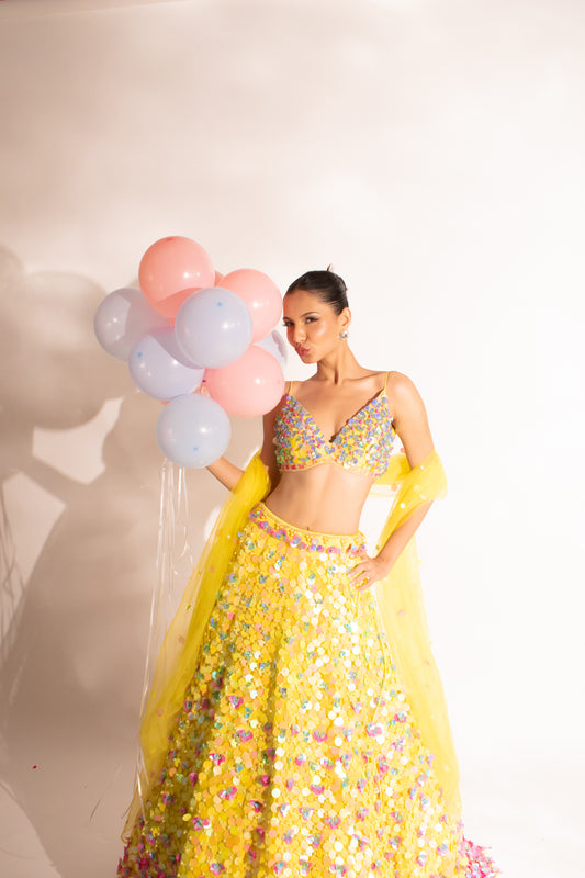 Sunshine Splendor Lengha: A Tapestry of Tassels and Sequins