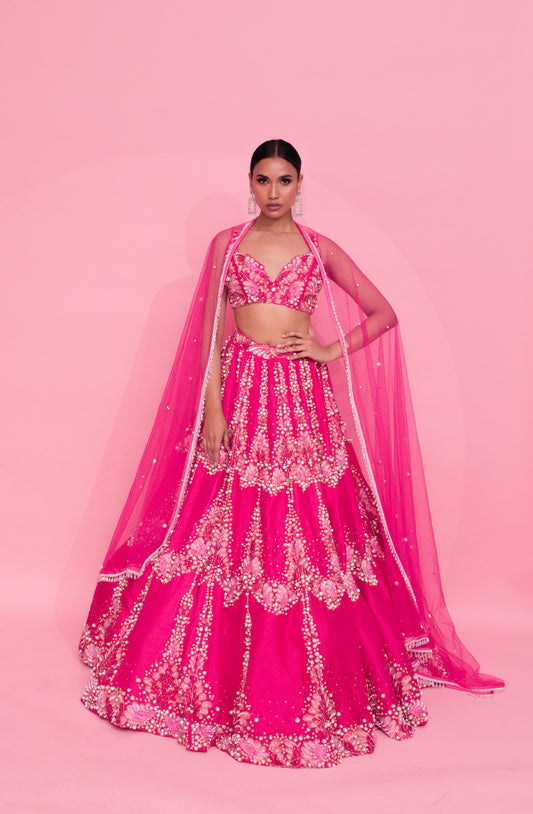 Pink Petals and Pearls: Embroidered Lehenga with Sequins and Cutwork
