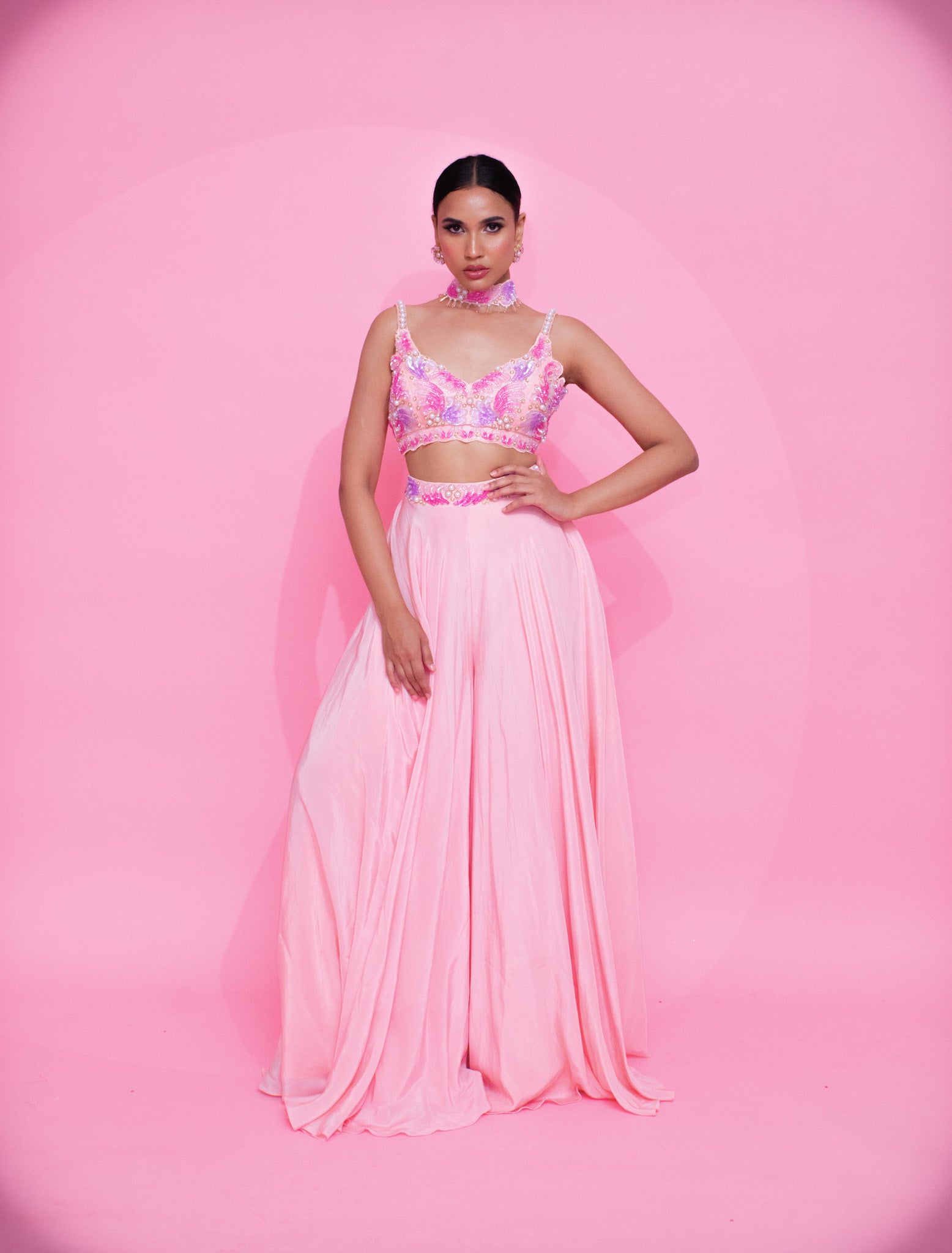 Pink Pearl Perfection: Sequins Embroidery Blouse Palazzo Set with Choker Dupatta