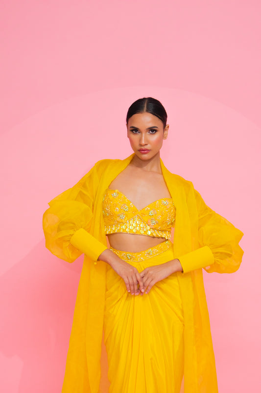 Sun-Kissed Elegance: Yellow Embroidered Blouse & Organza Cape. ☀️