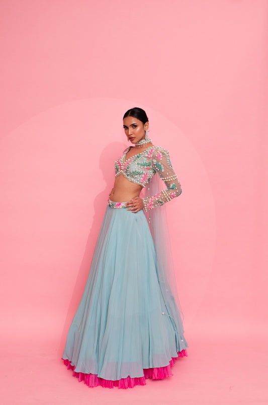 Blue Blossom Brilliance: Embroidered Blouse, Belted Lehenga, and Net Dupatta