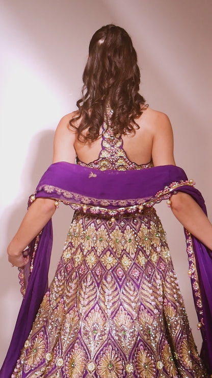 Regal Amethyst: Purple Embellished Lehenga with Gold and Floral Motifs