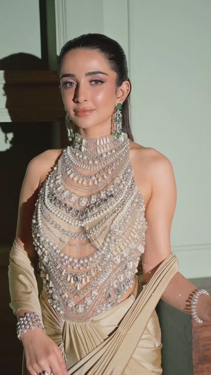 Celestial Charm :Elegant Beige Saree Gown with Embellished Blouse