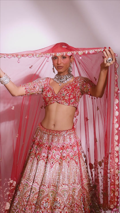 Crimson Majesty: Red Heavily Embroidered Lehenga with Gold and Sequin Detailing