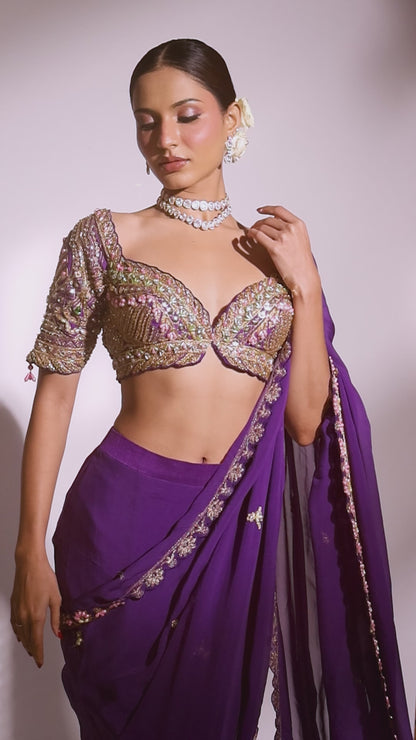 Midnight Bloom: Purple Embroidered Saree with Sequins and Statement Blouse