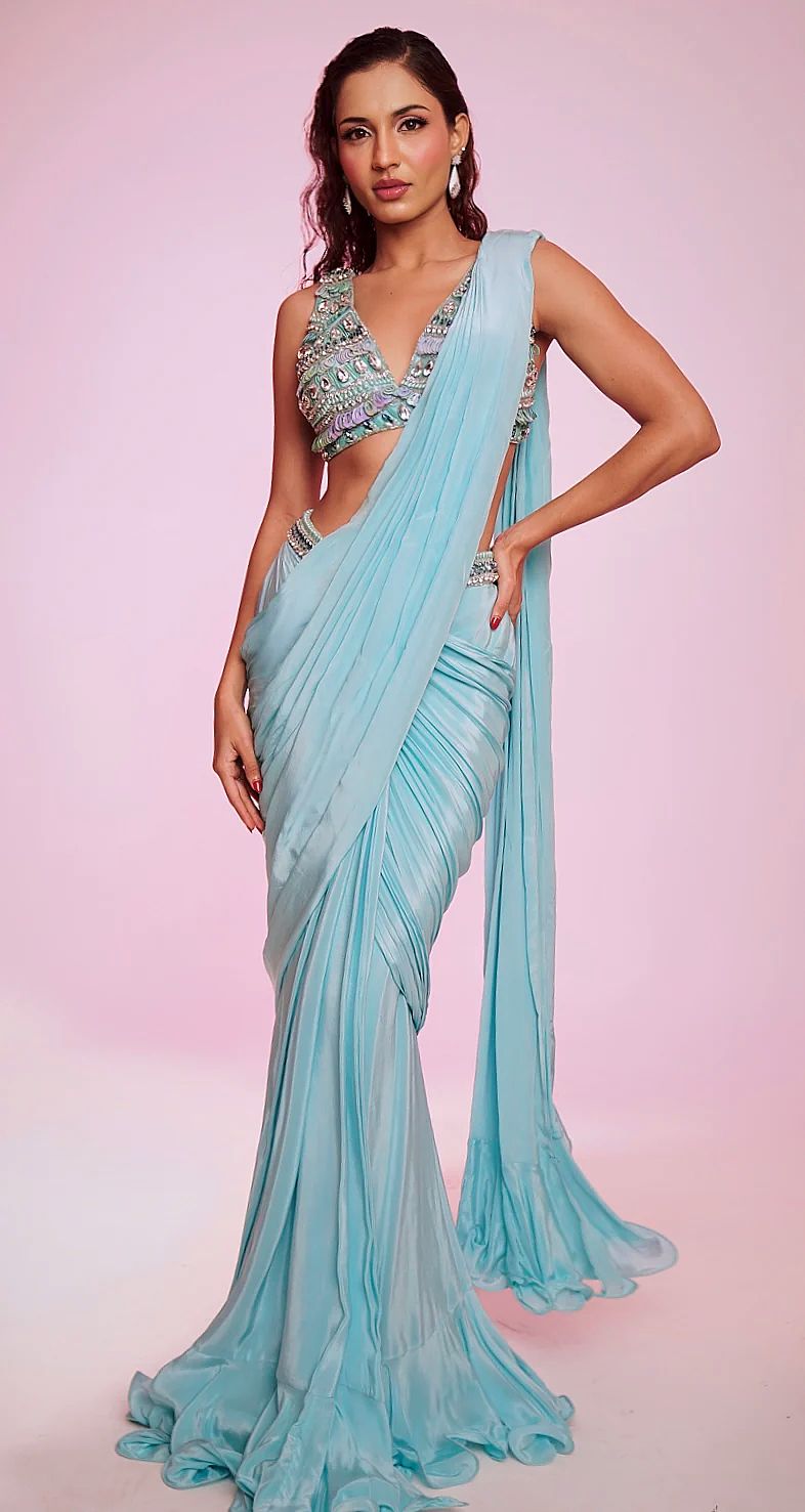 Aqua blue draped saree with embellished V-neck blouse